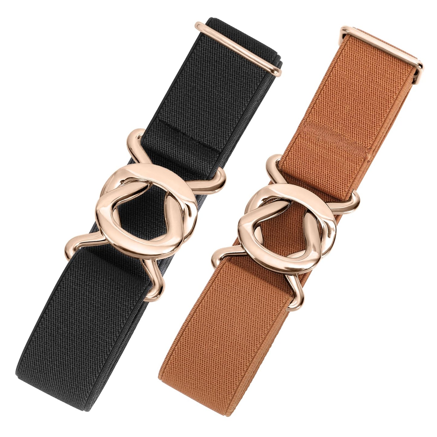 HOTJASGOOD Women No Show Stretch Belt 2 Pack Adjustable Elastic Web Belt with Flat Buckle for Jeans Pants Casual Belts