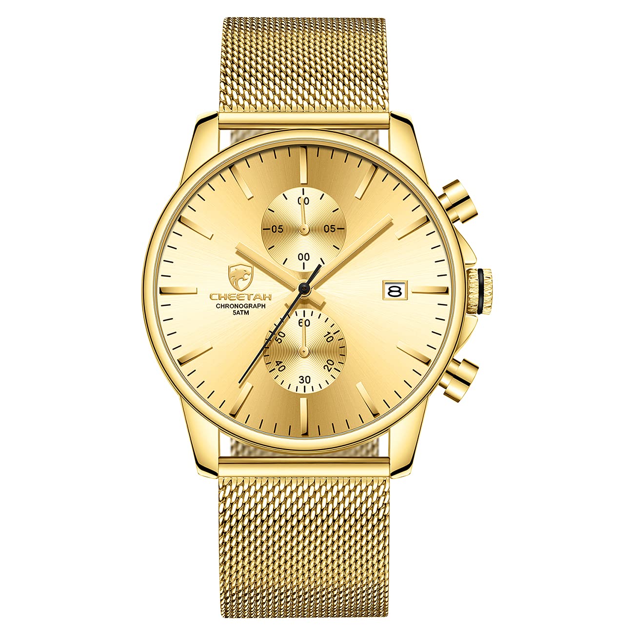 HOTGOLDEN HOUR Mens Watch Fashion Sleek Minimalist Quartz Analog Mesh Stainless Steel Waterproof Chronograph Watches for Men with Auto Date