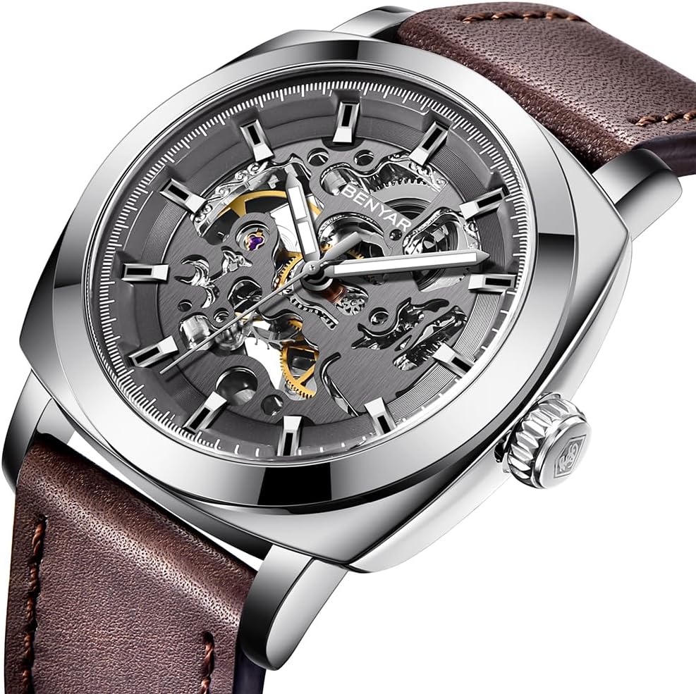 HOTBENYAR Men's Mechanical Automatic Watch | Leather Strap | Gold Movement | 45mm Skeleton Dial | Water Resistant and Scratch Resistant Stylish Gift