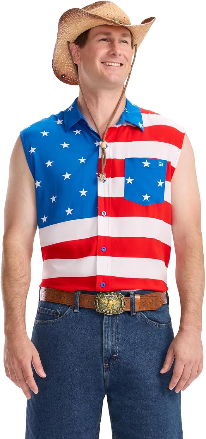 HOTTipsy Elves 4th of July Sleeveless American Flag Button Down Patriotic Shirt for Men - Men's USA Button Up Shirts for Men