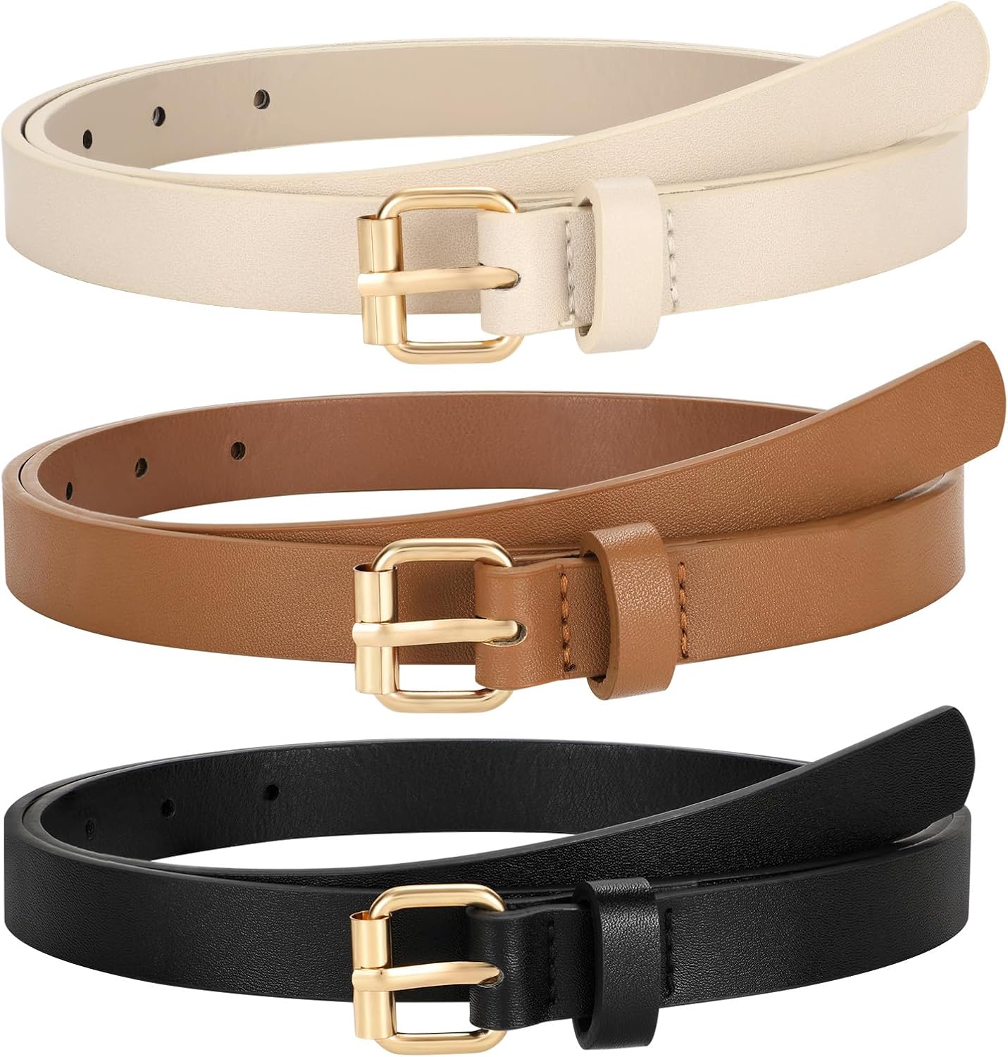 HOTTRIWORKS 3 Pack Women Skinny Leather Belt for Jeans Pants Dress Ladies Thin Waist Belt with Gold Buckle