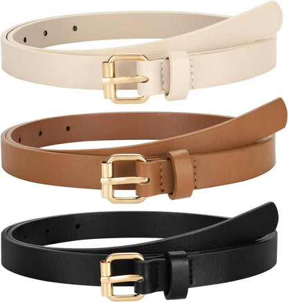 HOTTRIWORKS 3 Pack Women Skinny Leather Belt for Jeans Pants Dress Ladies Thin Waist Belt with Gold Buckle