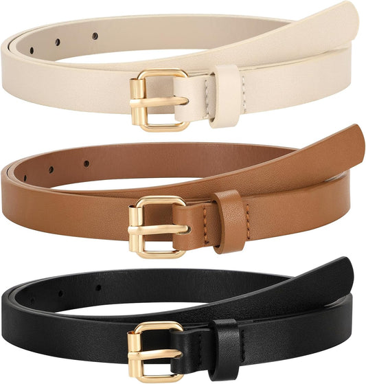 HOTTRIWORKS 3 Pack Women Skinny Leather Belt for Jeans Pants Dress Ladies Thin Waist Belt with Gold Buckle