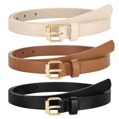 HOTTRIWORKS 3 Pack Women Skinny Leather Belt for Jeans Pants Dress Ladies Thin Waist Belt with Gold Buckle