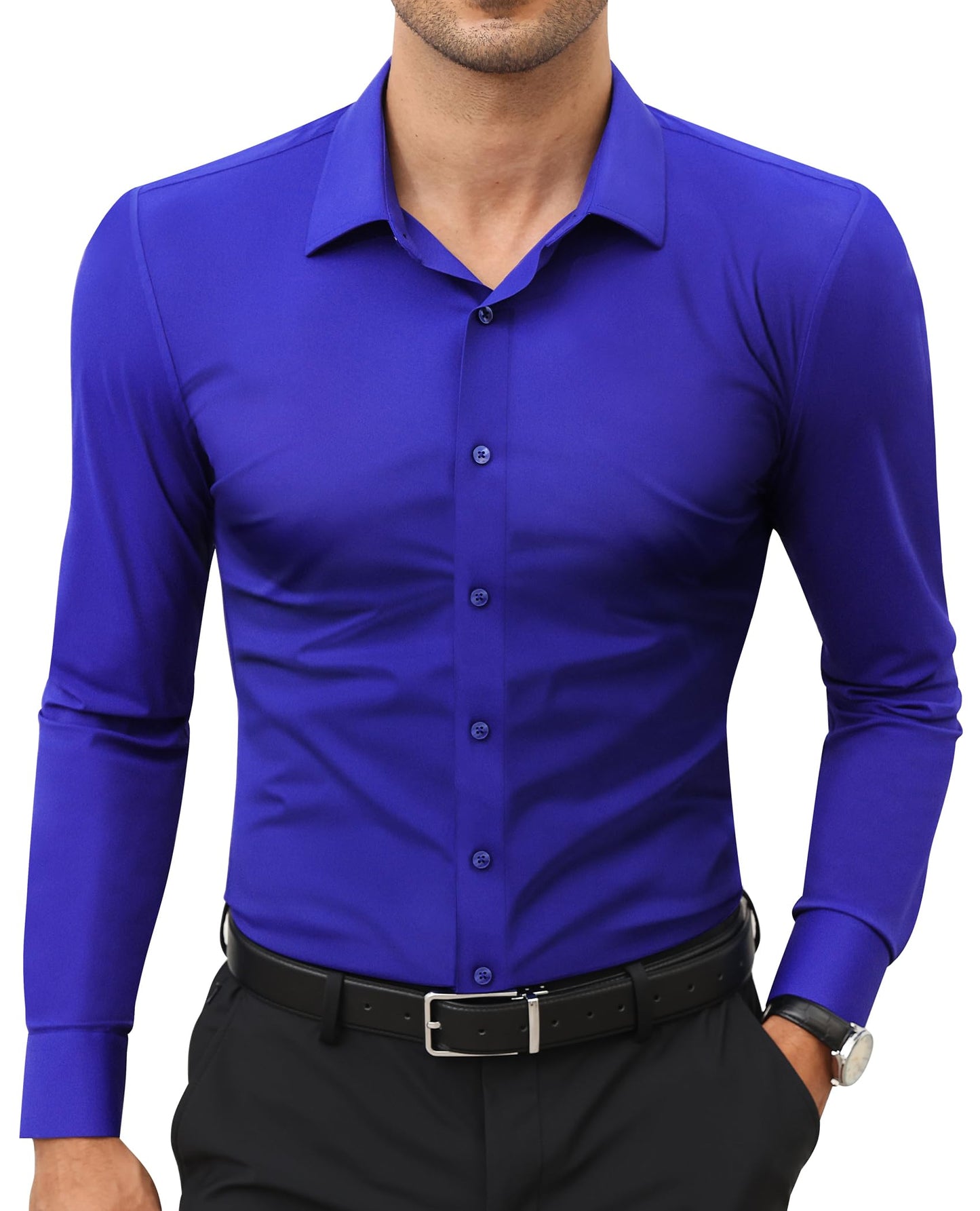 HOTLion Nardo Stretch Mens Dress Shirts Long Sleeve Slim Fit Dress Shirts for Men Muscle Fit Wrinkle Free Button Down Shirt