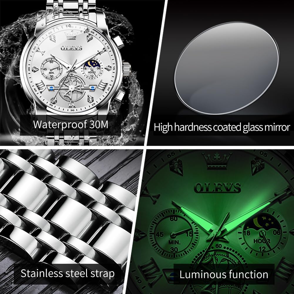 HOTOLEVS Watches Men Stainless Steel Chronograph Watch Luxury Big Face Man Dress Watches Waterproof Roman Numeral Analog Quartz Men Wrist Watch Diamond Relojes para Hombre(Silver/Black/Gold/Red/Blue)