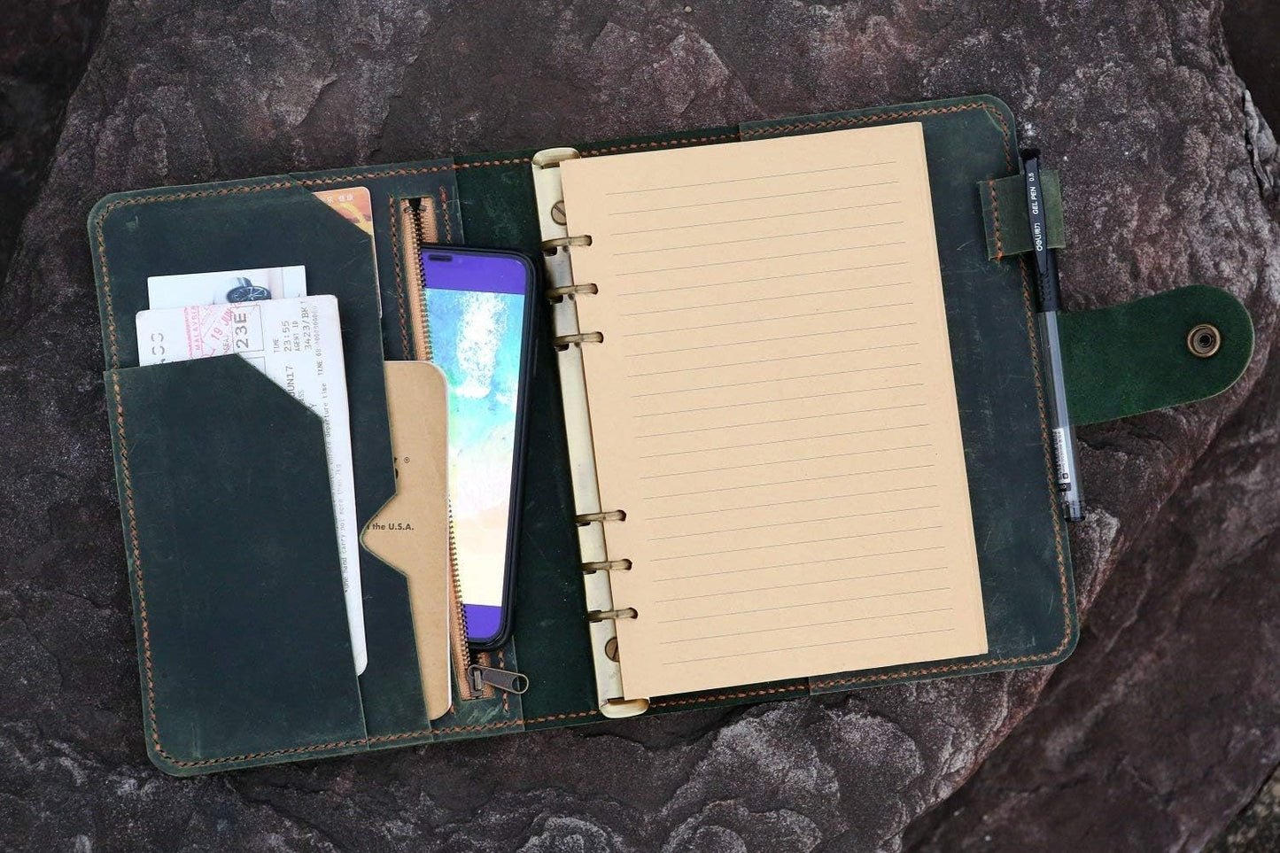 HOTPersonalized A5 green distressed leather organizer agenda refillable travel binder planner NBA522TB