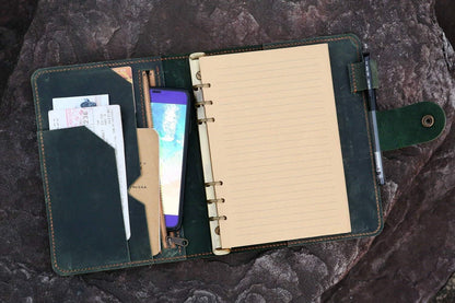 HOTPersonalized A5 green distressed leather organizer agenda refillable travel binder planner NBA522TB