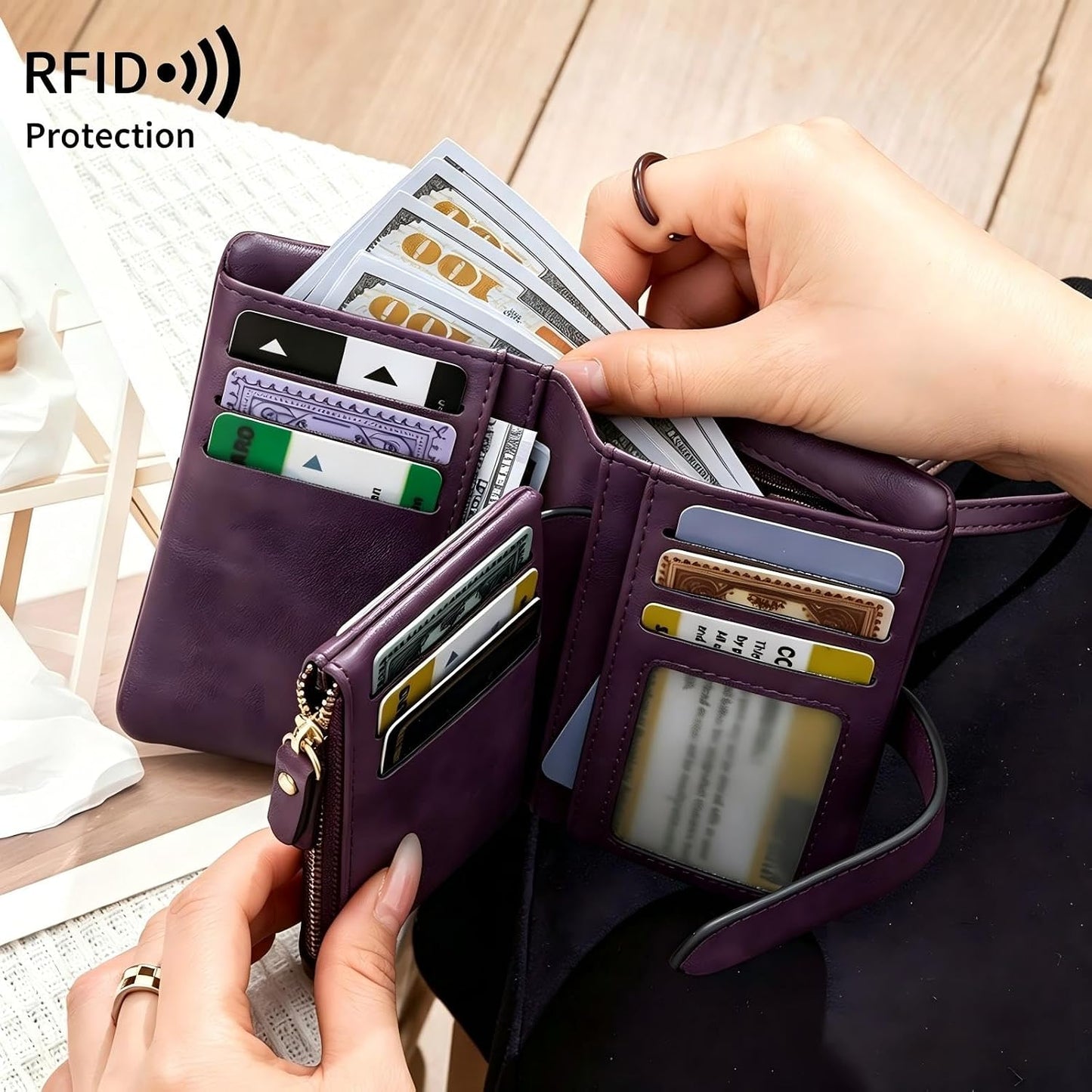 HOTSmall RFID Blocking Wristlet Wallet for Women – Soft PU Leather Bifold Trifold Wallet with 16 Card Slots, ID Window, Zipper Coin Pocket & Money Holder (Purple)