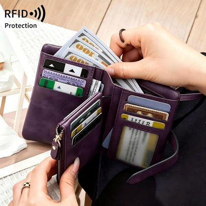 HOTSmall RFID Blocking Wristlet Wallet for Women – Soft PU Leather Bifold Trifold Wallet with 16 Card Slots, ID Window, Zipper Coin Pocket & Money Holder (Purple)