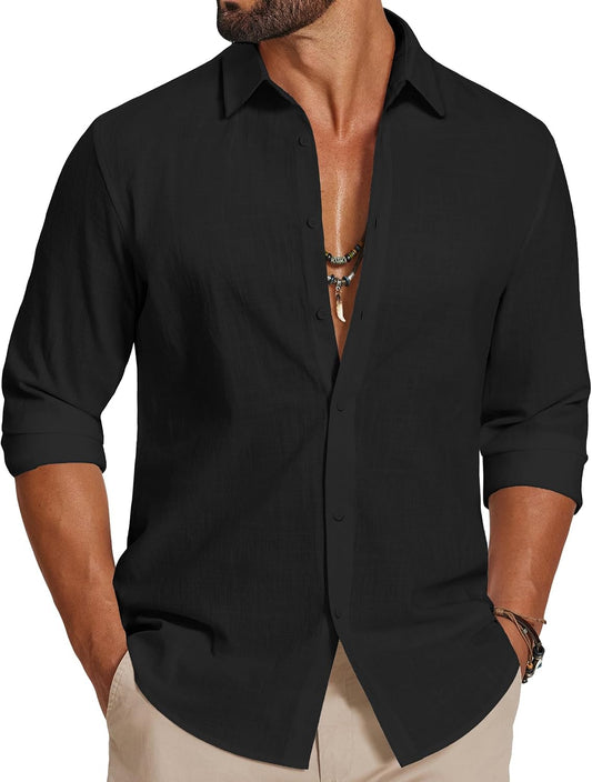 HOTCOOFANDY Men's Casual Button Down Shirts Long Sleeve Cotton Beach Wedding Shirt Summer Linen Shirt for Men