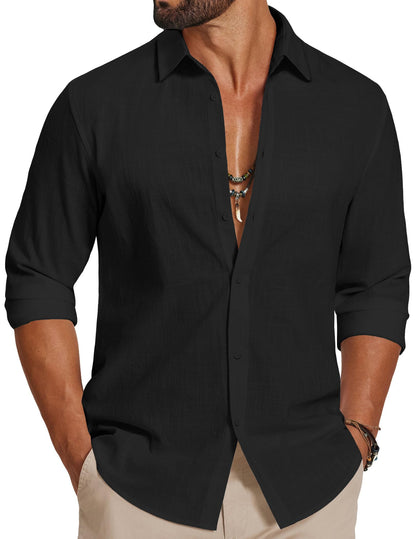 HOTCOOFANDY Men's Casual Button Down Shirts Long Sleeve Cotton Beach Wedding Shirt Summer Linen Shirt for Men