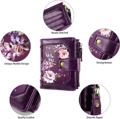 HOTSmall Womens Wallet Billfold RFID Credit Card Holder Ladies Purse | Compact Wallets Women, 2 ID Windows,16 Card Slots, Zipper Coin Pocket, PU Leather, Woman Female Girls Gift, Purple Flower