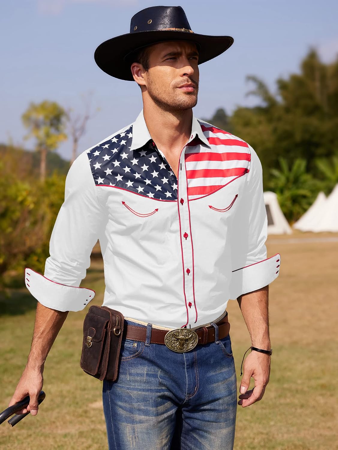 HOTCOOFANDY Men's American Flag Button Down Shirts Western Cowboy Shirt Slim Fit Patriotic Long Sleeve Shirt