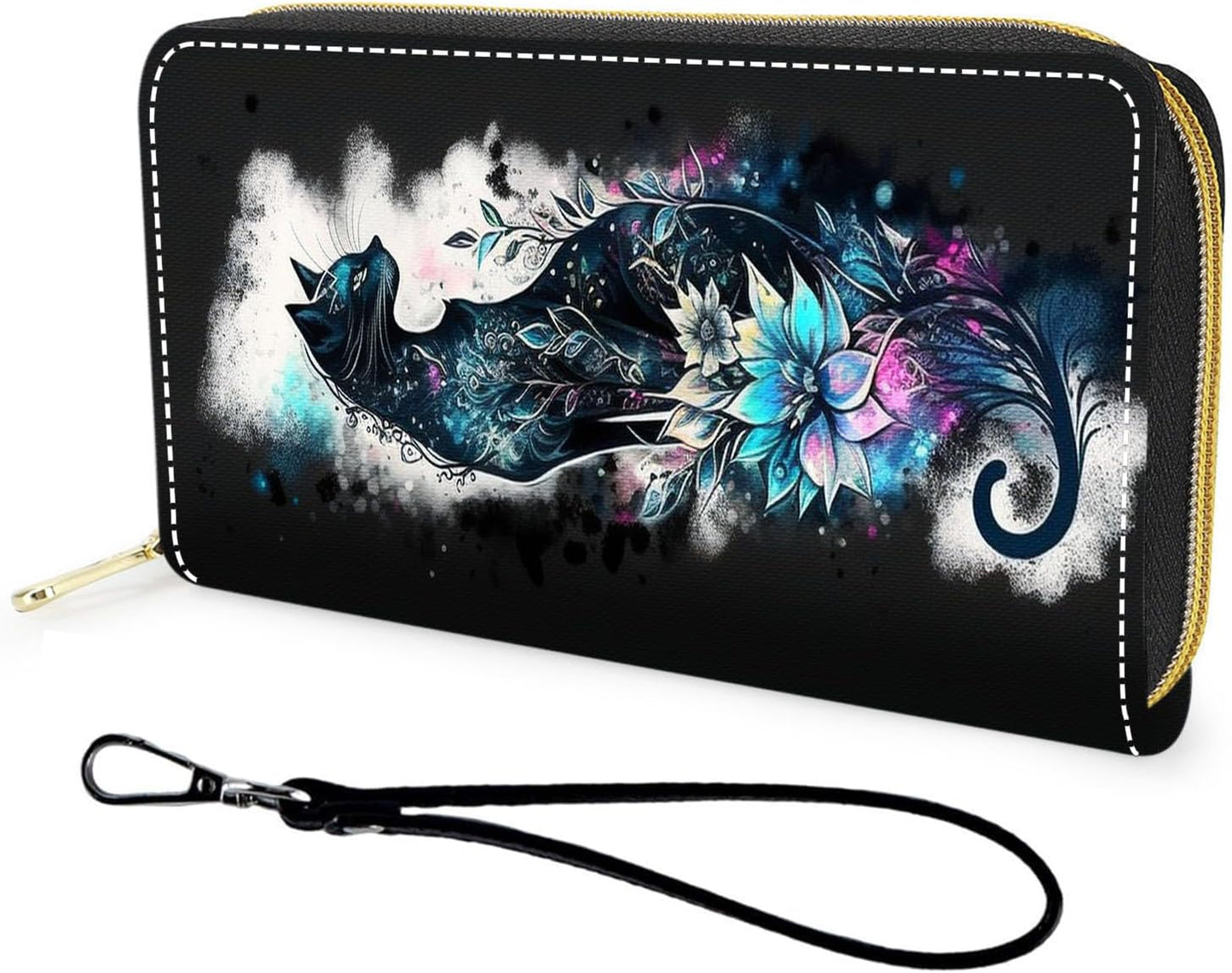 HOTWallet,Large Capacity RFID Blocking Leather Wallet, Durable Smooth Zipper Clutch,Unisex Travel Wallet for Cards,Cash,and Coins - Black Cat and Flowers