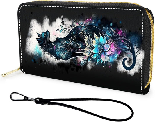 HOTWallet,Large Capacity RFID Blocking Leather Wallet, Durable Smooth Zipper Clutch,Unisex Travel Wallet for Cards,Cash,and Coins - Black Cat and Flowers