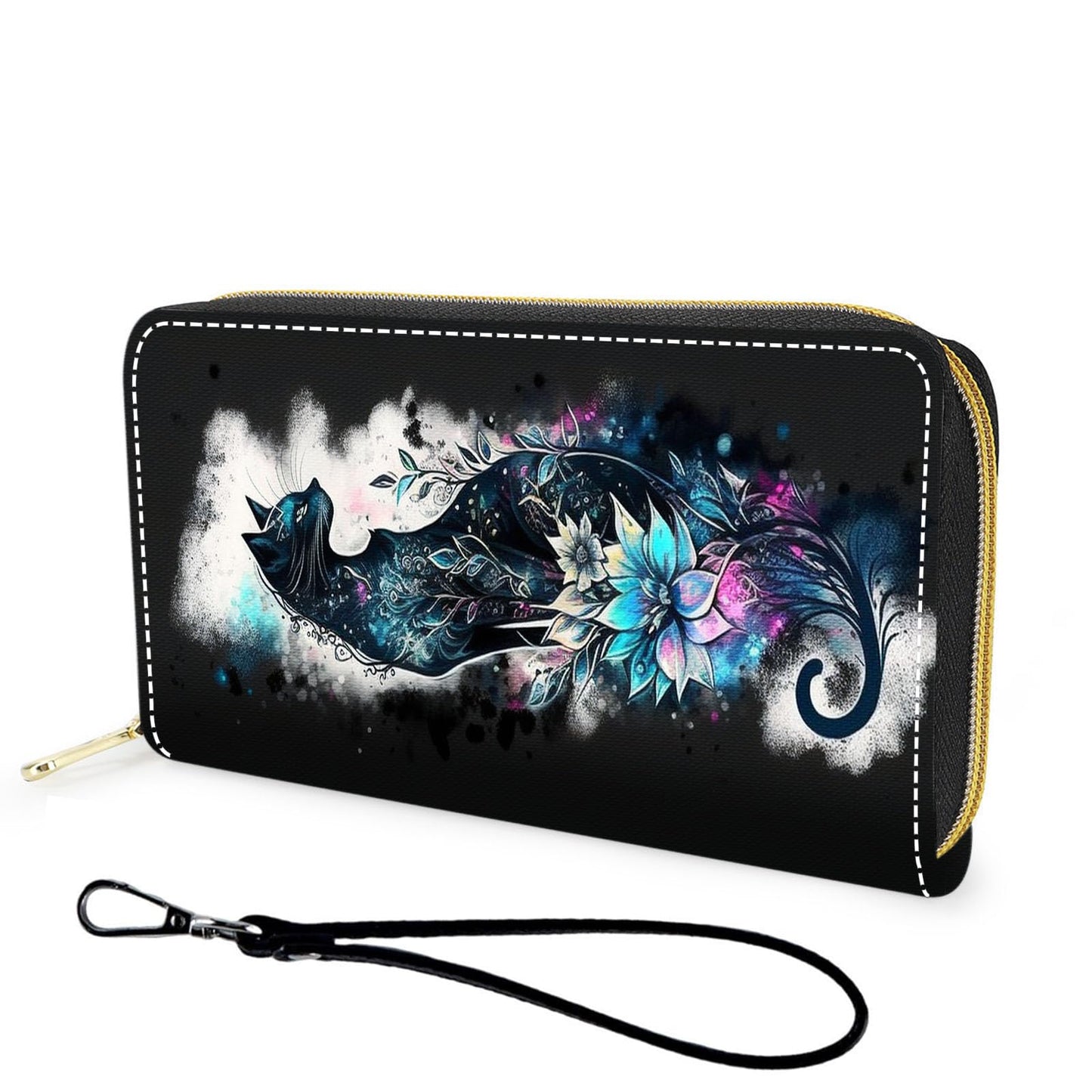 HOTWallet,Large Capacity RFID Blocking Leather Wallet, Durable Smooth Zipper Clutch,Unisex Travel Wallet for Cards,Cash,and Coins - Black Cat and Flowers