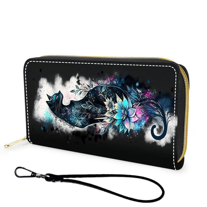 HOTWallet,Large Capacity RFID Blocking Leather Wallet, Durable Smooth Zipper Clutch,Unisex Travel Wallet for Cards,Cash,and Coins - Black Cat and Flowers