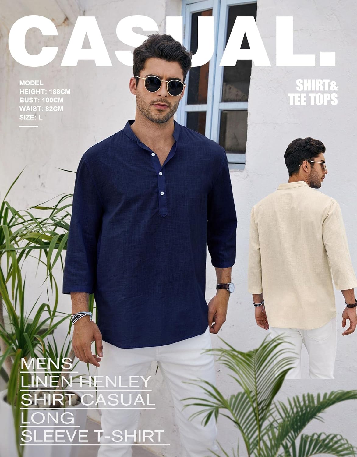 HOTRyannology Mens Linen Shirts Casual Cotton 3/4 Sleeve Regular-Fit Henley T-Shirt Summer Lightweight Beach Yoga Tops