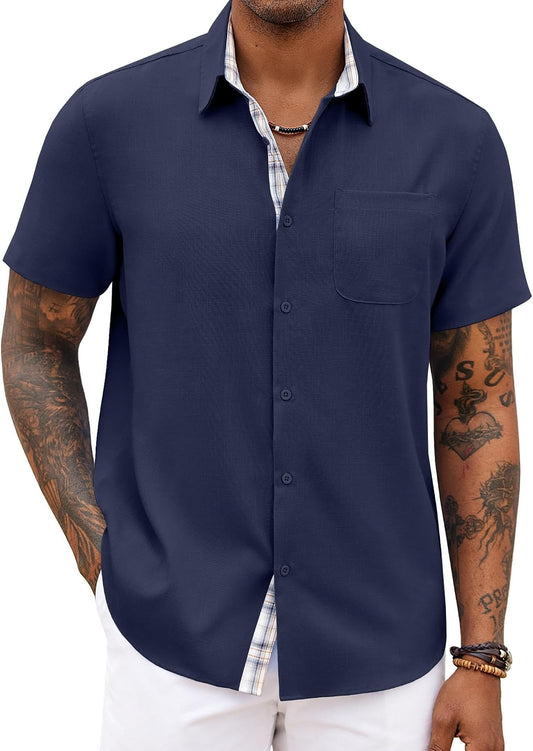 HOTCOOFANDY Men's Button Down Shirts Short Sleeve Casual Summer Beach Vacation Wedding Shirt with Pocket