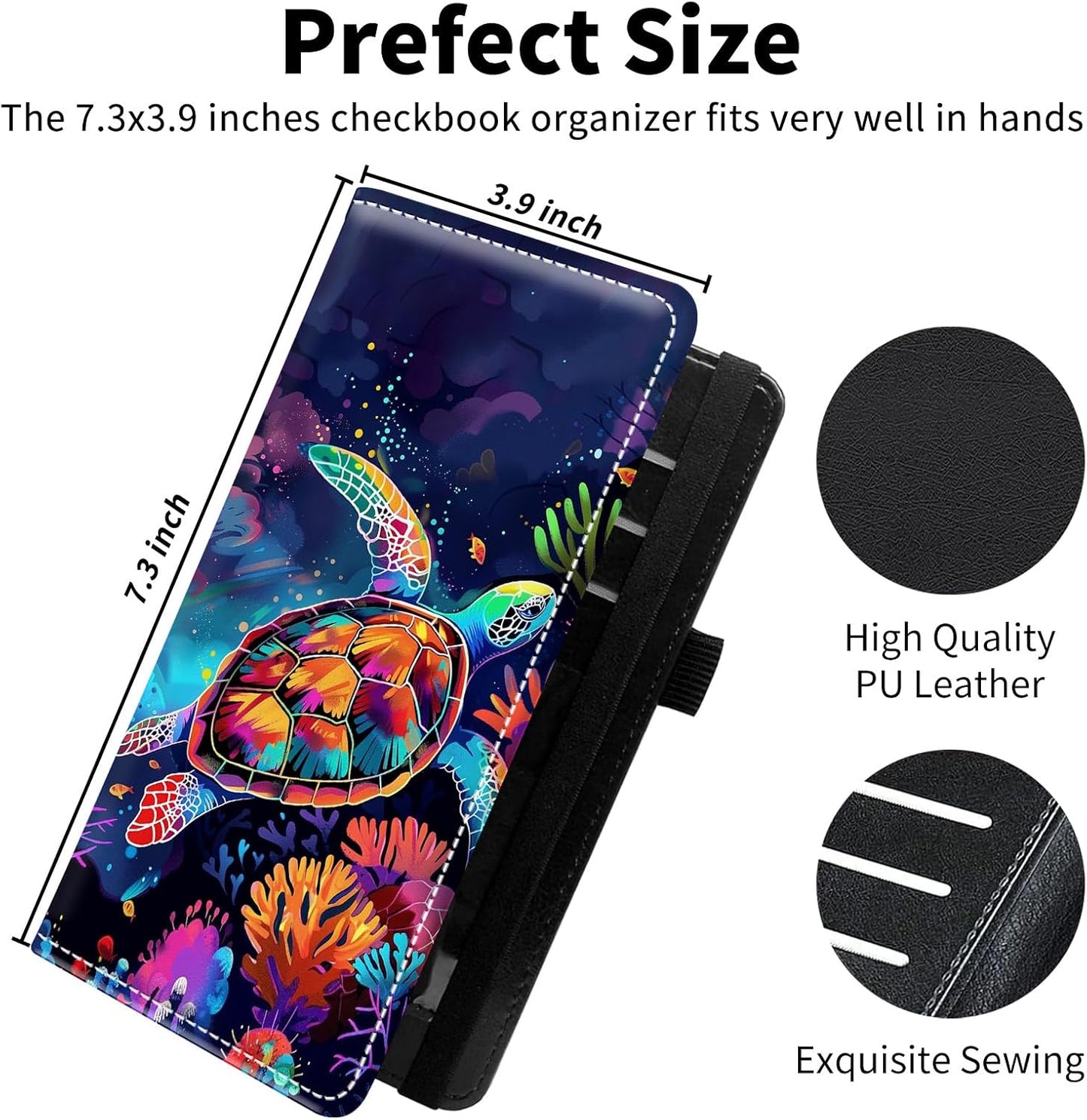 HOTLeather Checkbook Covers for Personal Checkbook Check book Holder Cover Wallets for Women Men,RFID-Blocking Slim Checkbook Cover for Duplicate Checks with Elastic Strap,Colorful Turtle