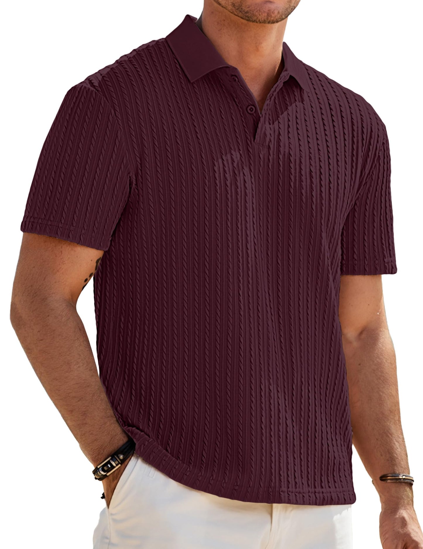 HOTJMIERR Mens Casual Polo Shirt Summer Short Sleeve Vacation Button Beach Knit Stretchy Golf Shirts