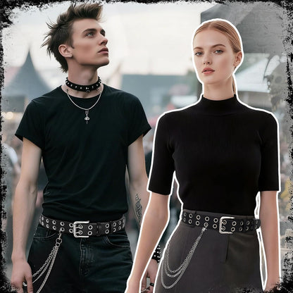 HOTBELTROAD Double Grommet Studded Belt with Detachable Chain Goth Belt for Men Women Punk Rock Metal for Jeans Pants