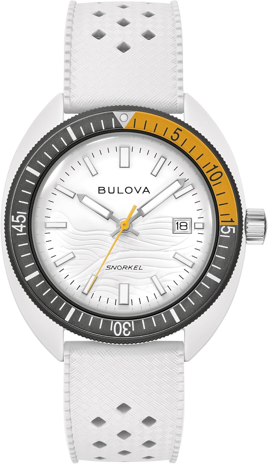 HOTBulova Oceanographer Snorkel Amazon Exclusive Ceramic Case and White Perforated Rubber Strap Watch, Day Date 100M WR