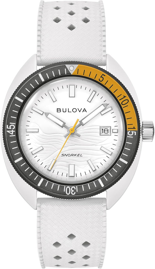 HOTBulova Oceanographer Snorkel Amazon Exclusive Ceramic Case and White Perforated Rubber Strap Watch, Day Date 100M WR