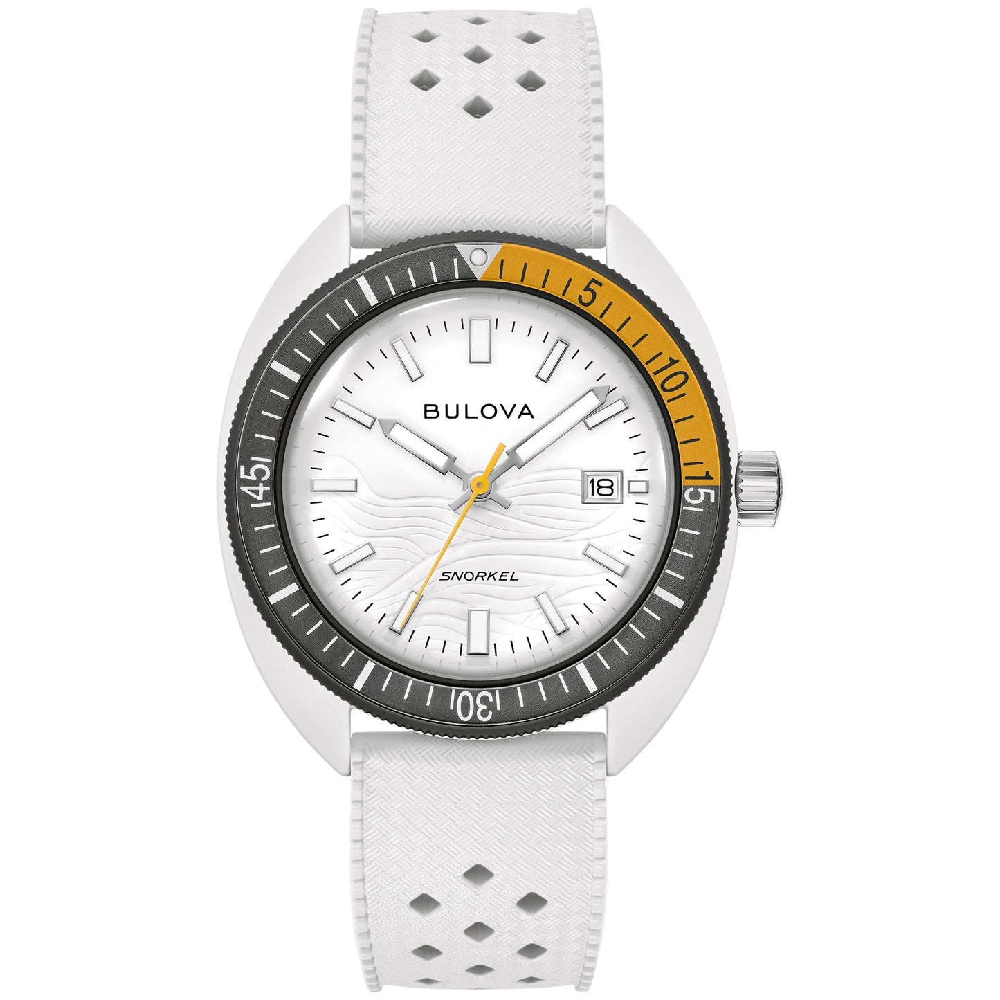 HOTBulova Oceanographer Snorkel Amazon Exclusive Ceramic Case and White Perforated Rubber Strap Watch, Day Date 100M WR