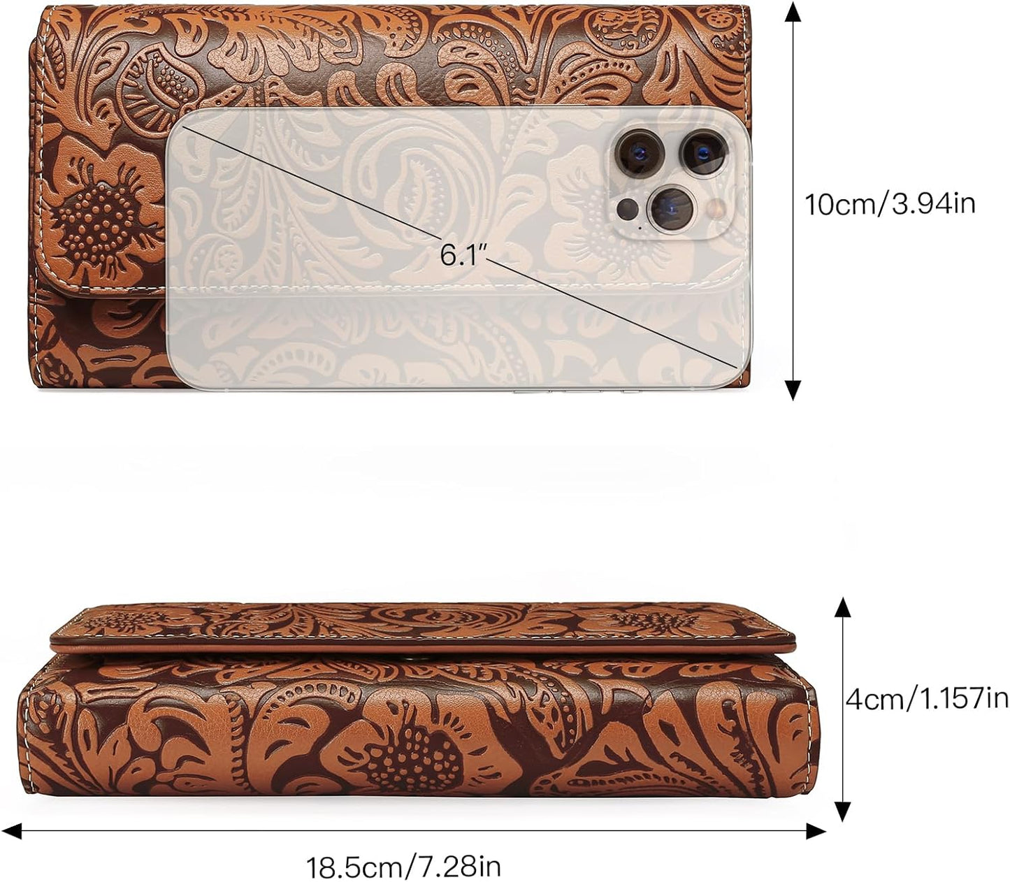 HOTGOIACII Leather Wallets for Women RFID Blocking Western Clutch Brown | Embossed Design, Trifold, Large Billfolds, Vintage Flower, Ladies Purses with Zipper Coin Pocket