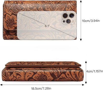 HOTGOIACII Leather Wallets for Women RFID Blocking Western Clutch Brown | Embossed Design, Trifold, Large Billfolds, Vintage Flower, Ladies Purses with Zipper Coin Pocket