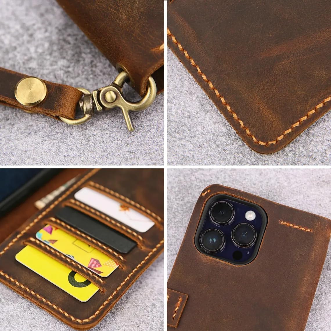 HOTPersonalized Leather Wristlet Wallet Case for iPhone 17/16/15/14 Pro Max | Handmade Vintage Style