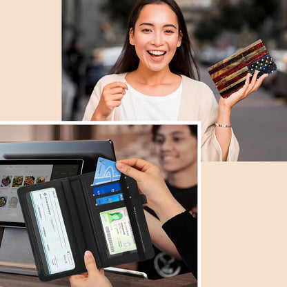 HOTLeather Checkbook Cover for Men Women Personal Checkbook Holder RFID Blocking Check Book Holder Cover for Duplicate Checks,with A Pen,American Flag Wood