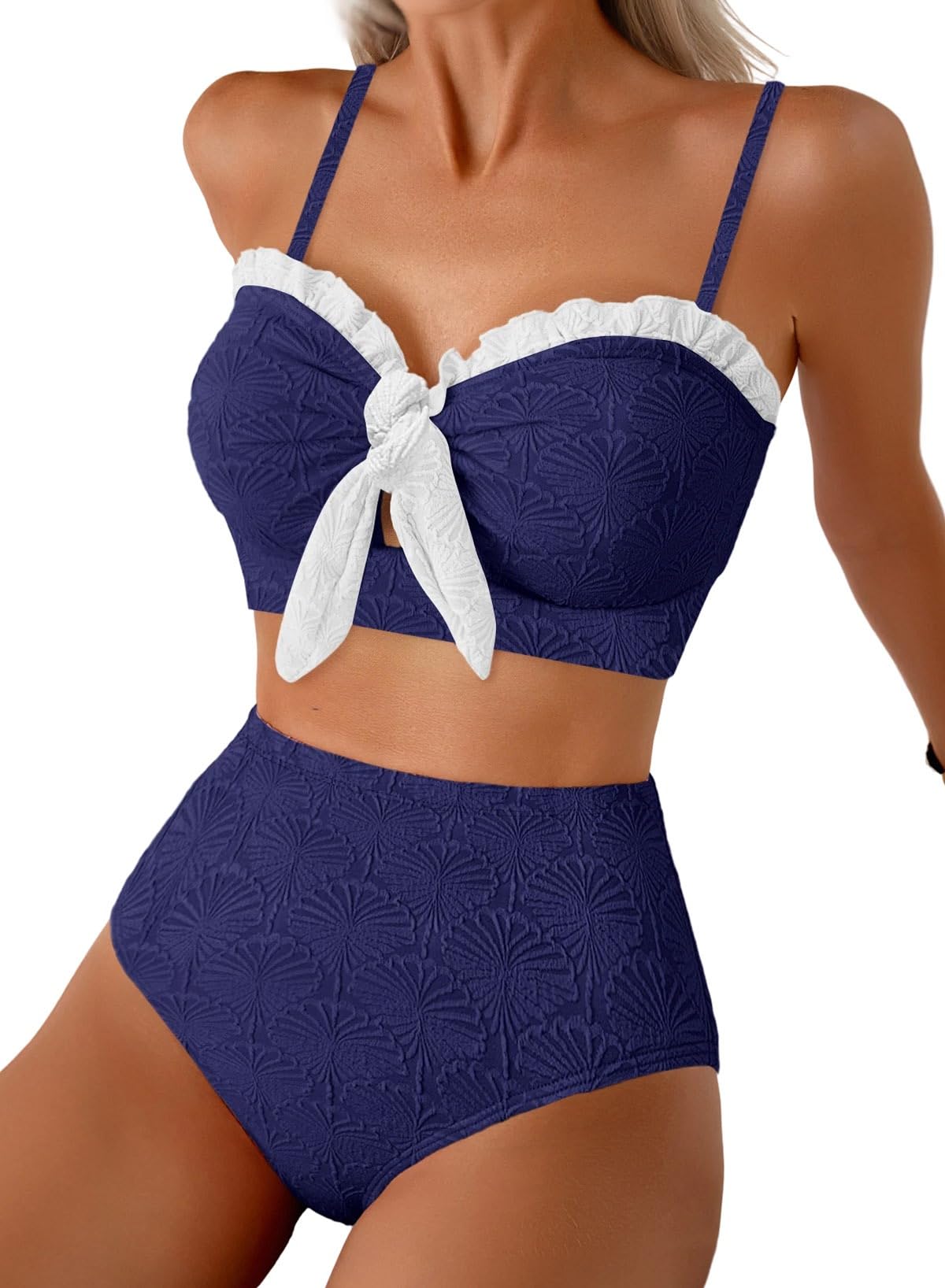 HOTHerseas Women's Seashell Textured Bikini Sets Knotted Front 2 Piece Swimsuits Ruffle Trim Bathing Suits