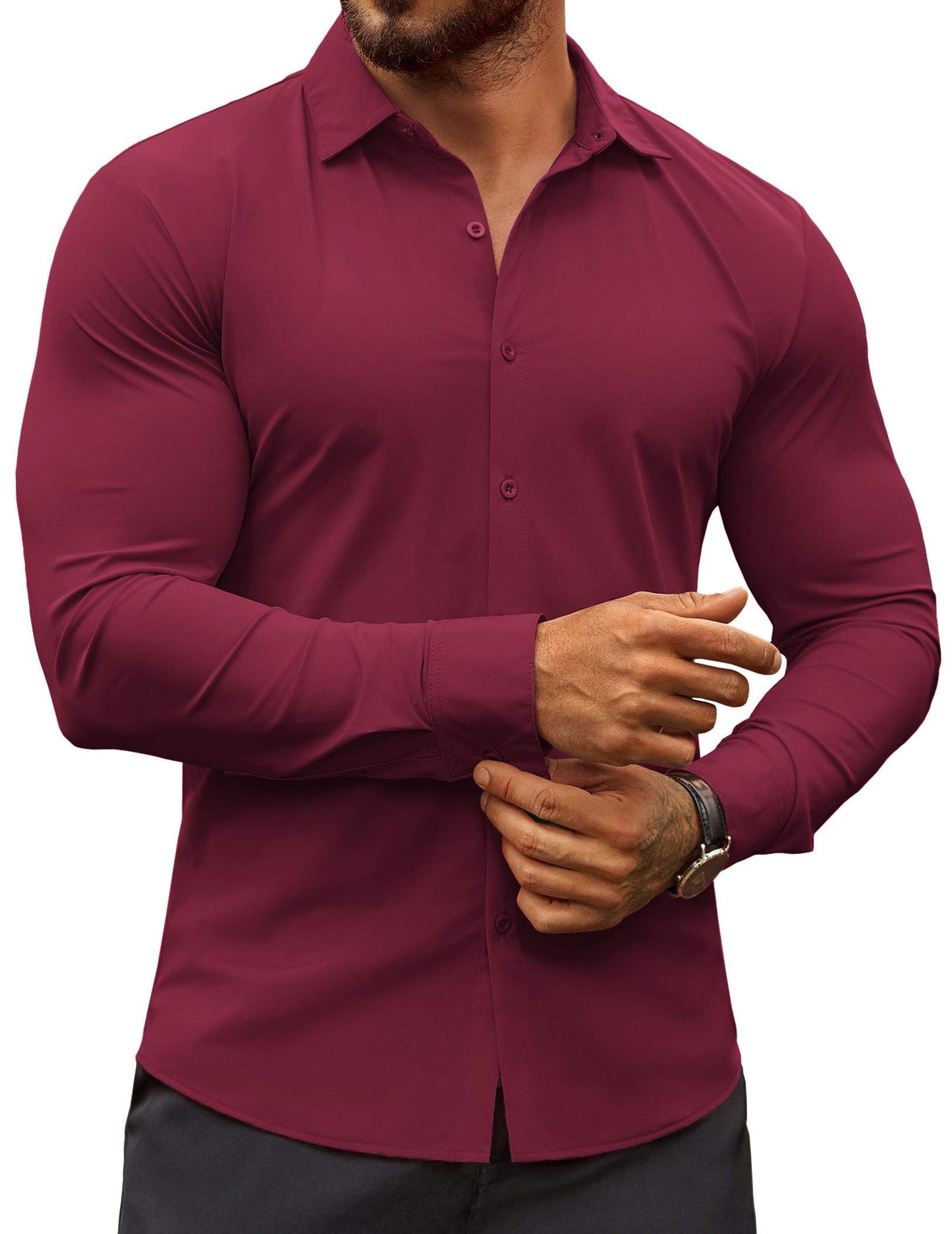 HOTCOOFANDY Men's Muscle Fit Dress Shirts Wrinkle-Free Long Sleeve Casual Button Down Shirts
