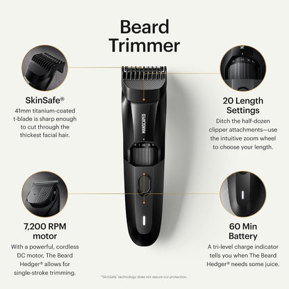 HOTMANSCAPED® The Beard Hedger® Men's Premium Beard Trimmer, 20 Length Adjustable Blade Wheel, Stainless Steel T-Blade for Precision Facial Hair Trimming, Cordless Waterproof Wet/Dry Clipper