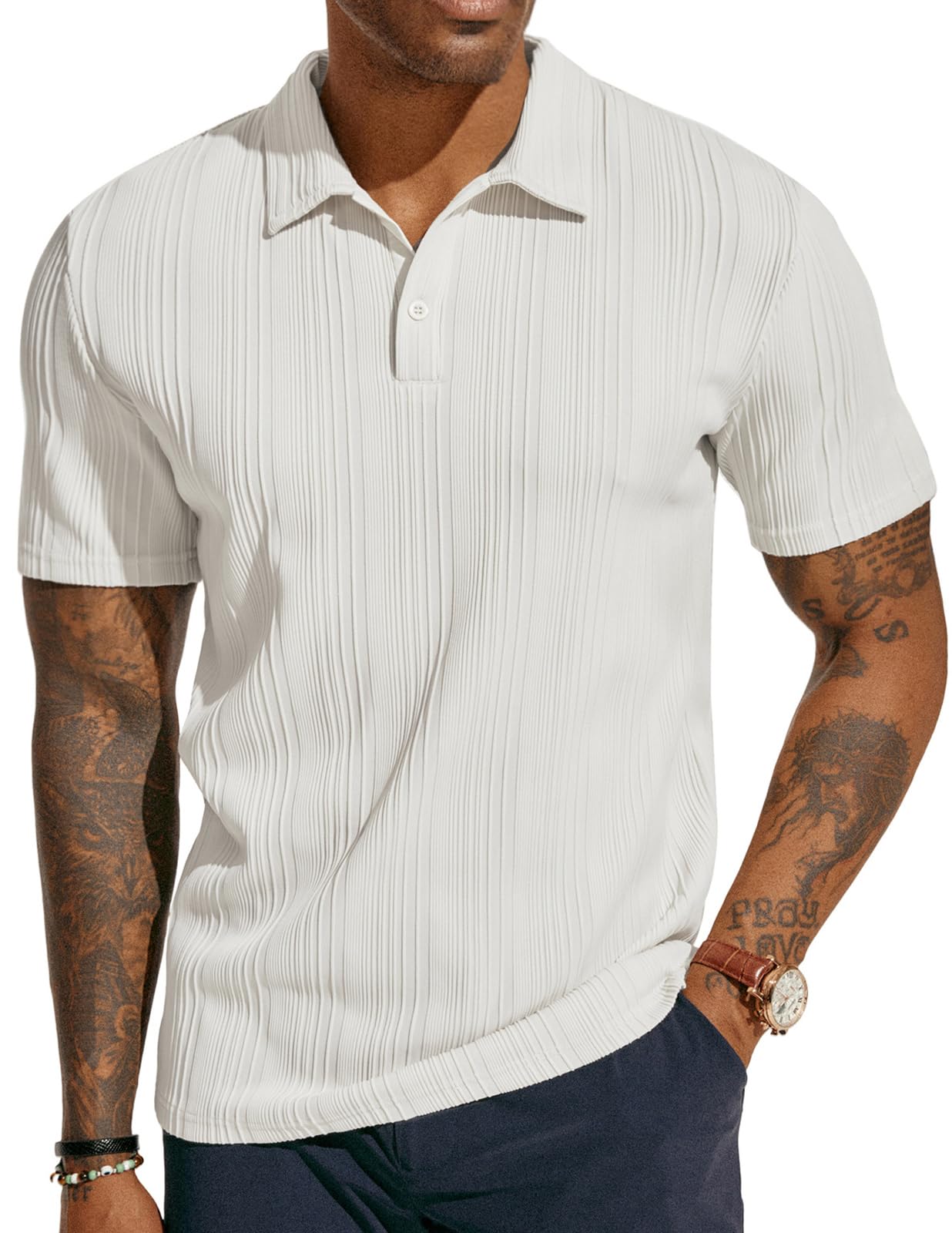 HOTPJ PAUL JONES Mens Polo Shirts Textured Knit Polo Stretchy Regular Fit Collared Golf Shirts