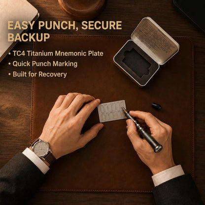 HOTTitanium Crypto Seed Phrase Plate, TC4 Backup, BIP39 12/24 | TC4 titanium alloy, One-piece plate, BIP39 compatible, 12 & 24 words, Tungsten punch, Metal storage case