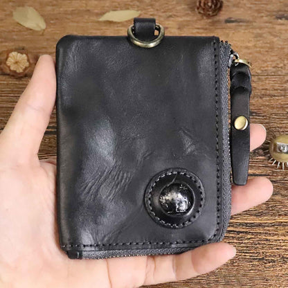 HOTMedieval Pouch, Mini Genuine Leather Coin Pouch Genuine Cowhide Handcrafted Keychain Coin Organizer Zipper Coin Pouch with Card Slot Credit Card Holder Keychain Coin Purse (Black)