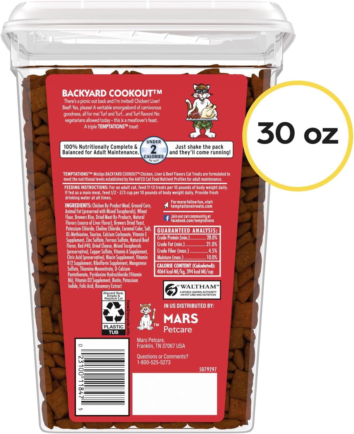 HOTTemptations MixUps Crunchy and Soft Cat Treats, Cookout Flavor, 30 oz | Chicken, liver & beef flavors, under 2 calories per treat, 100% complete & balanced for adult cats, resealable stay-fresh tub