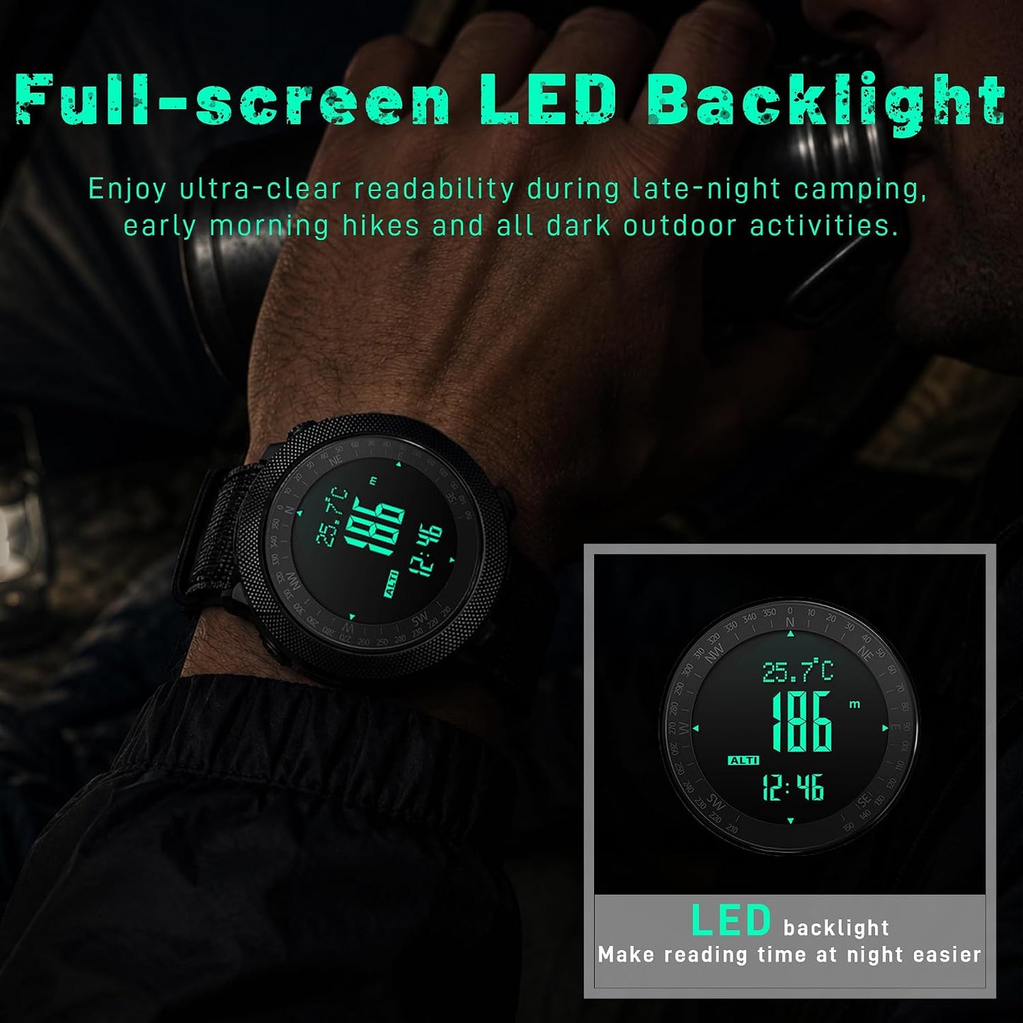 HOTCakCity Digital Watch Military Tactical Watches for Men, 50mm Large Face Zinc Alloy Case with Breathable Double-Layer Nylon Strap, 5ATM Waterproof Shockproof, Altimeter, Barometer, Thermometer, Dual Time, Compass, Alarm, Stopwatch, Countdown