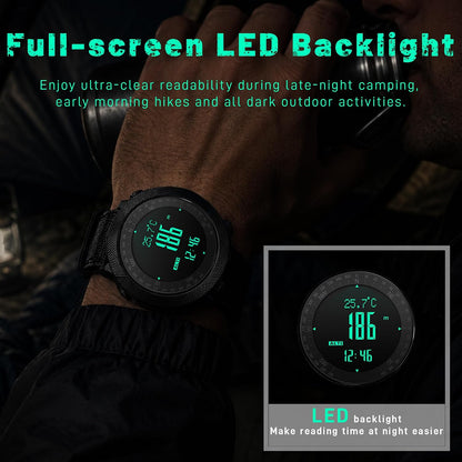 HOTCakCity Digital Watch Military Tactical Watches for Men, 50mm Large Face Zinc Alloy Case with Breathable Double-Layer Nylon Strap, 5ATM Waterproof Shockproof, Altimeter, Barometer, Thermometer, Dual Time, Compass, Alarm, Stopwatch, Countdown