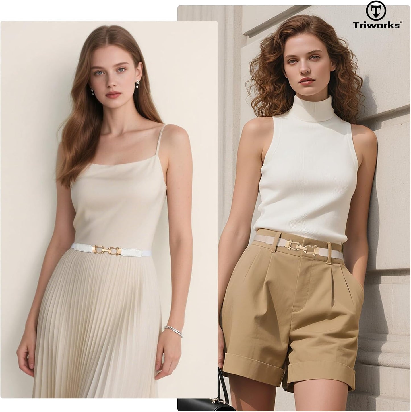 HOTTRIWORKS 4 Pack Women Skinny Elastic Belts Gold Buckle Thin Stretchy Waist Belts for Dresses