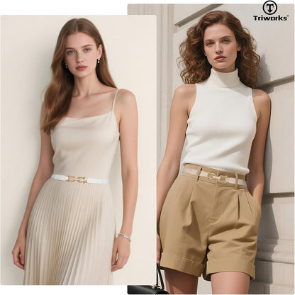 HOTTRIWORKS 4 Pack Women Skinny Elastic Belts Gold Buckle Thin Stretchy Waist Belts for Dresses