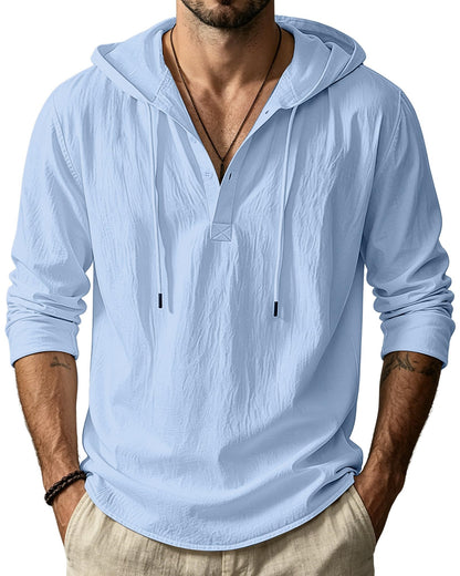 HOTMen's Cotton Linen Hoodies Casual Hooded Long Sleeve Button Down Shirts Lightweight Casual Hawaiian Beach Sweatshirts