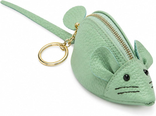 HOTLOGOFUN Mouse Coin Purse Coin Pouch Wallet with Zipper and Keychain Green | Genuine Leather, Soft, Cute Animal Shaped, For Women and Girls, For Bag Decoration
