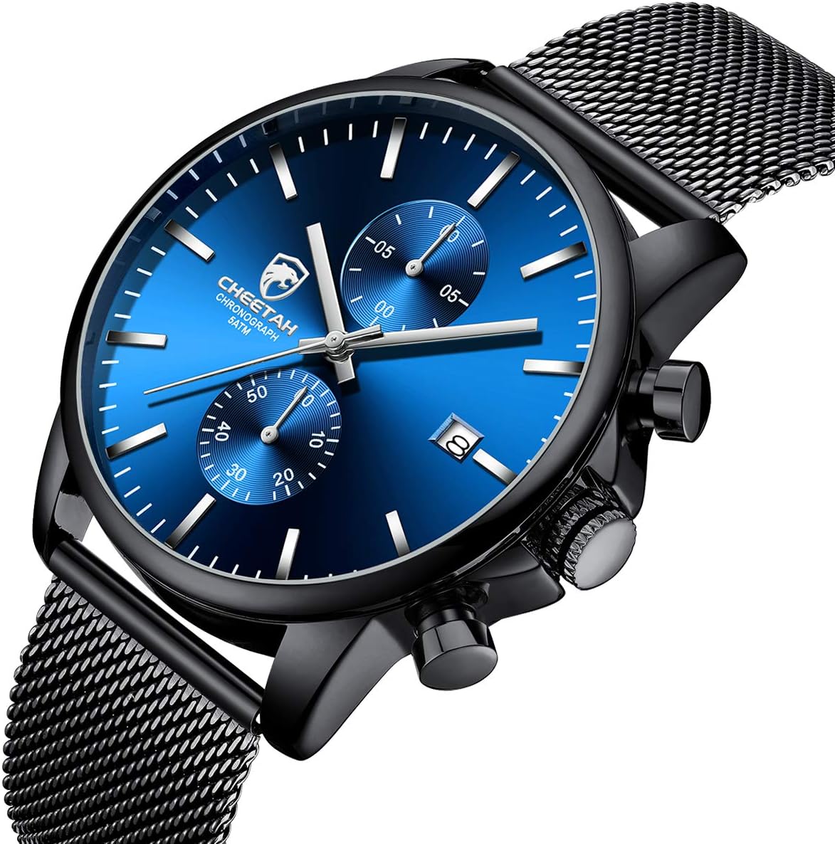 HOTGOLDEN HOUR Mens Watch Fashion Sleek Minimalist Quartz Analog Mesh Stainless Steel Waterproof Chronograph Watches for Men with Auto Date
