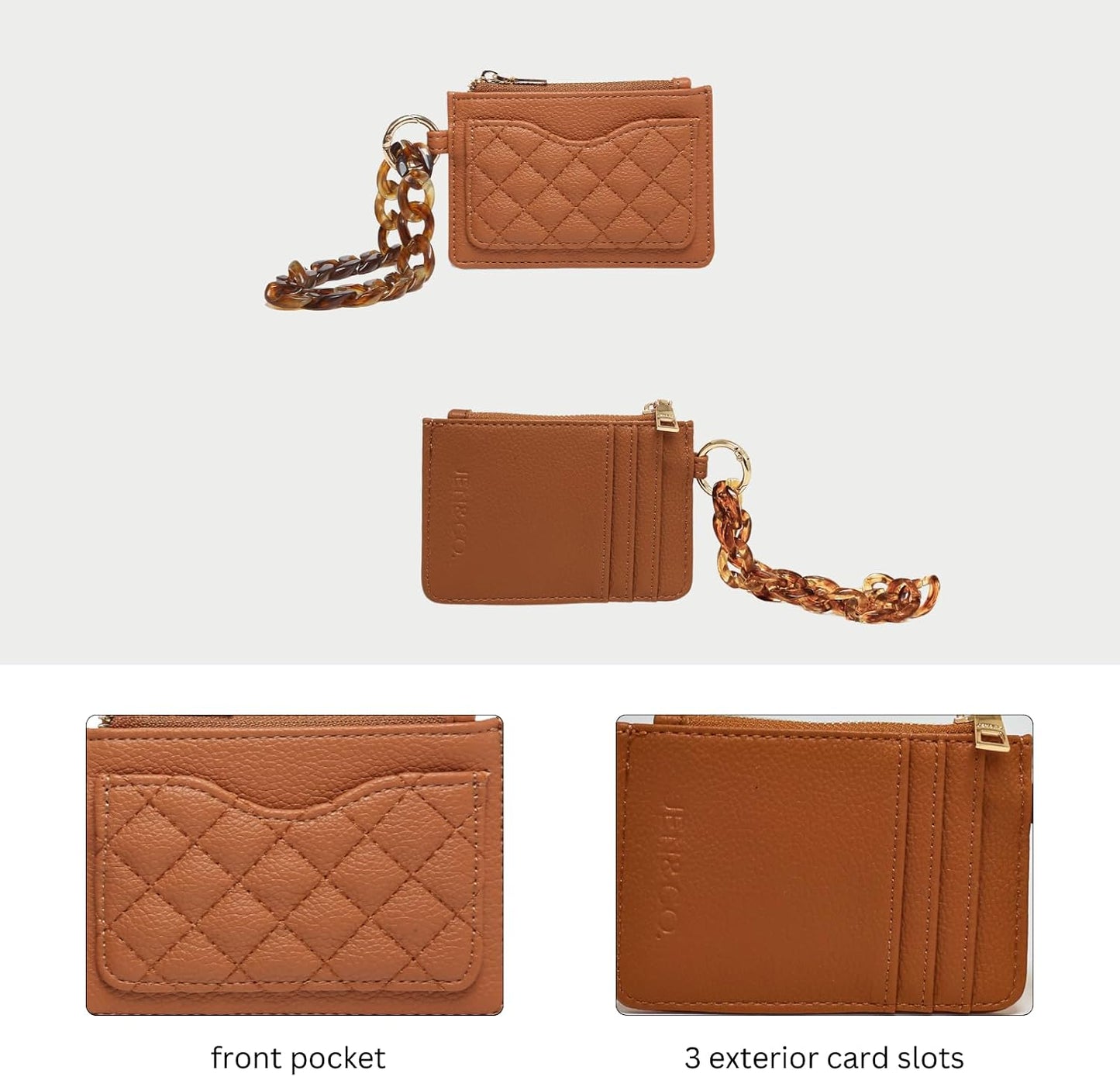 HOTJEN & CO. Rhodes RFID Blocking Wristlet Wallet for Women, Quilted Small Zip Card Holder with Acrylic Strap (Dark Khaki)