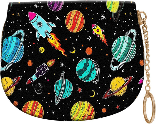 HOTRFID Credit Card Holder Wallet for Women, Small Leather Card Case with Zipper Keychain, Slim Accordion Card Organizer for Cash Coins ID Business Cards,Outer Space Planet Rocket Stars